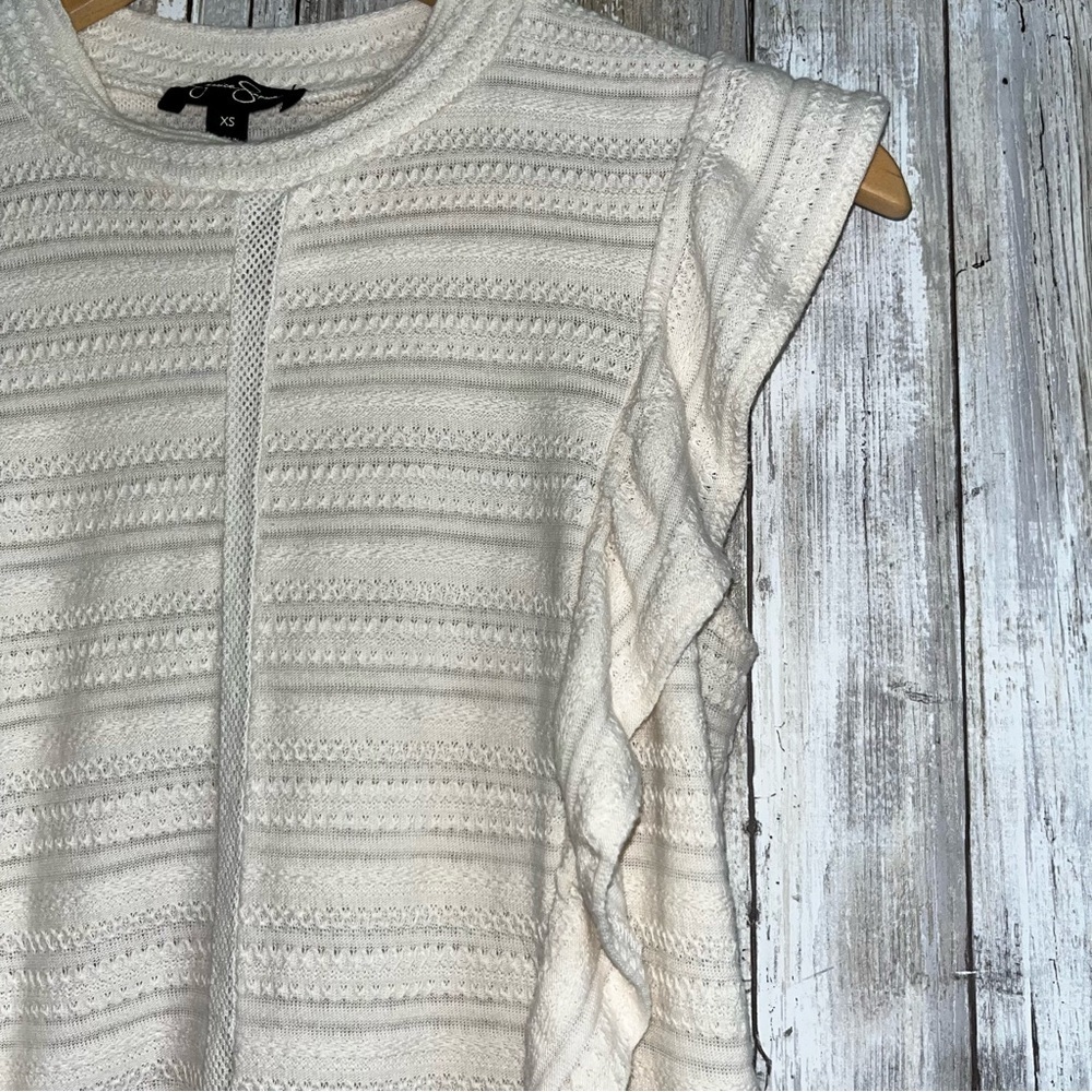 Jessica Simpson Cream Ruffle Sleeve Pointelle Knit Sweater Top XS - Picture 3 of 5